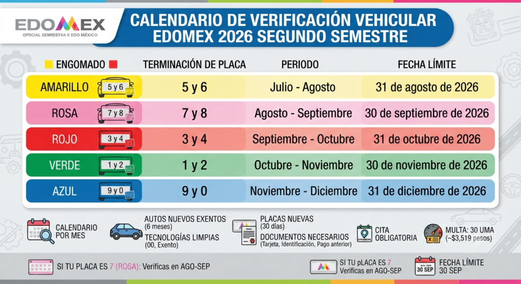 Calendario Segundo Semestre 2026 Verificacion Vehicular Estado de México.